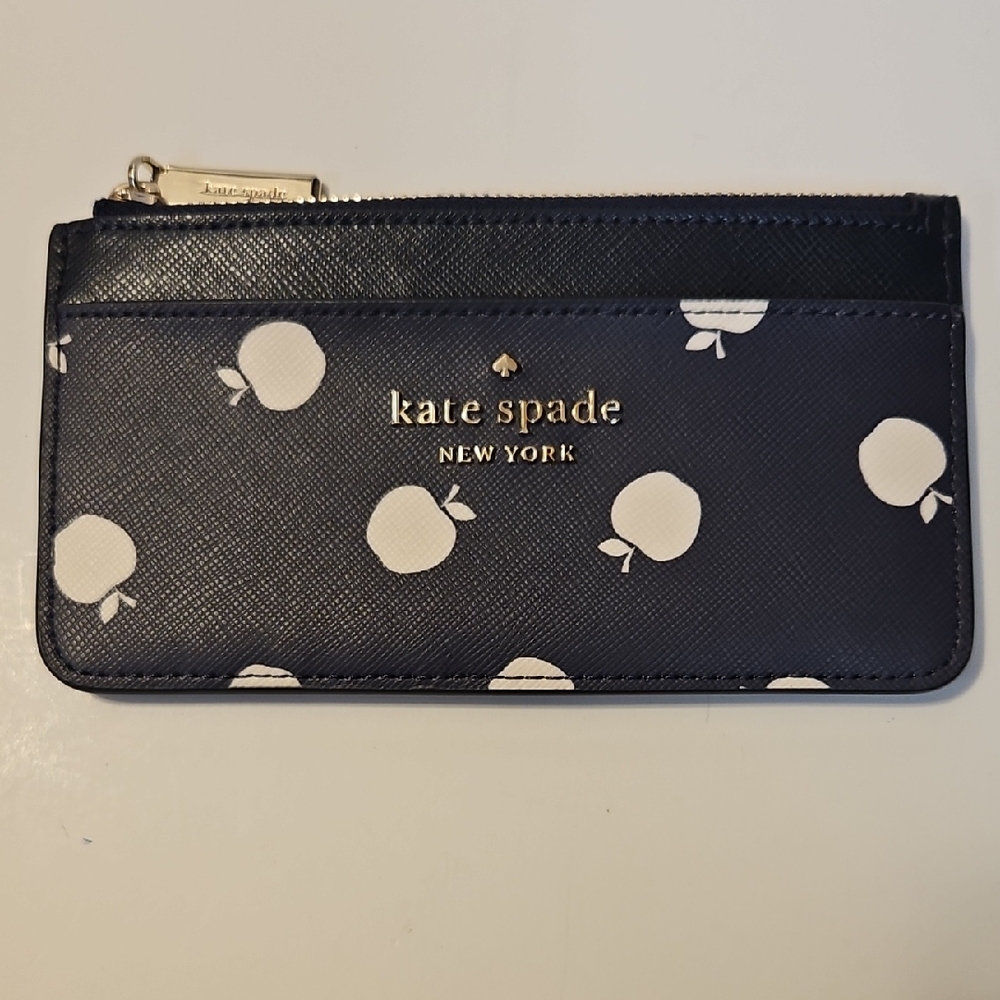 KATE SPADE , SLIM CARD HOLDER , NAVY BLUE, ORCHARD TOSS APPLE 6 1/2" X 3 1/2"